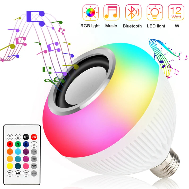 LÂMPADA RGB Bluetooth COM CAIXA DE SOM EMBUTIDA, CONTROLE DE LED, E CONECTÁVEL COM CELULAR